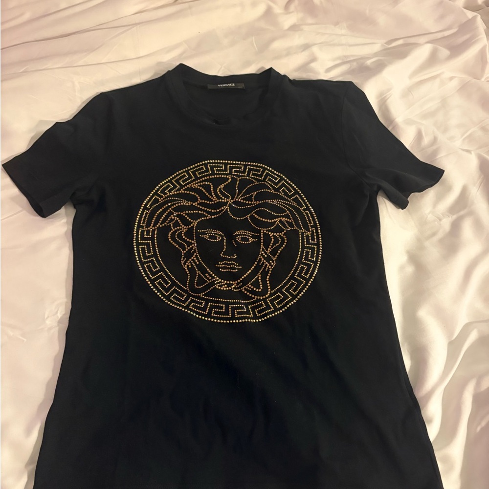 Versace Black Tee with Gold Medusa Emblem